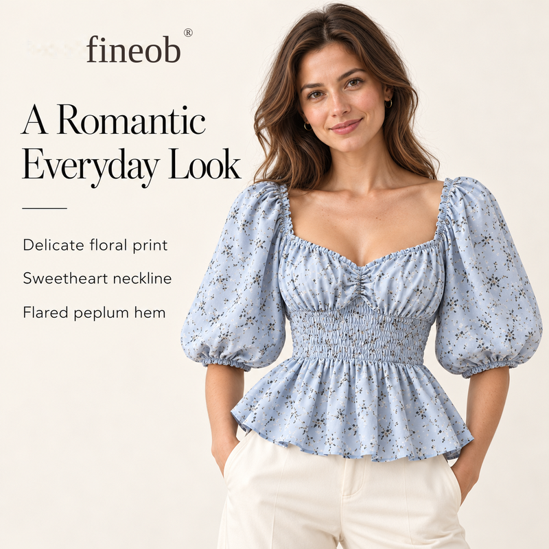fineob® Floral Puff-Sleeve Peplum Blouse