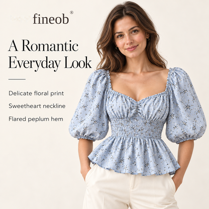 fineob® Floral Puff-Sleeve Peplum Blouse