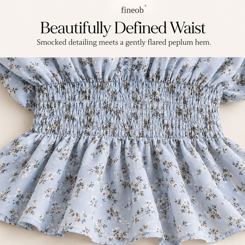 fineob® Floral Puff-Sleeve Peplum Blouse