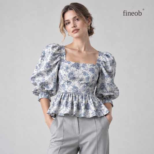 fineob® Blue Floral Puff Sleeve Peplum Blouse