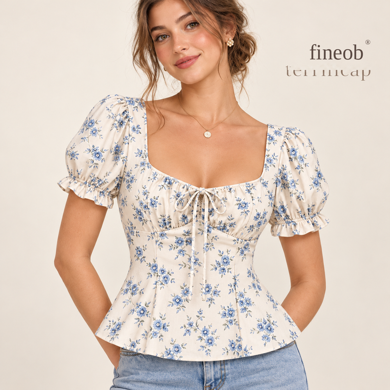 fineob® Blue Floral Tie-Front Peplum Blouse