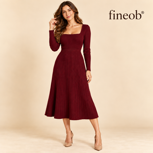 fineob® Burgundy Ribbed Knit Square Neck Midi Dress