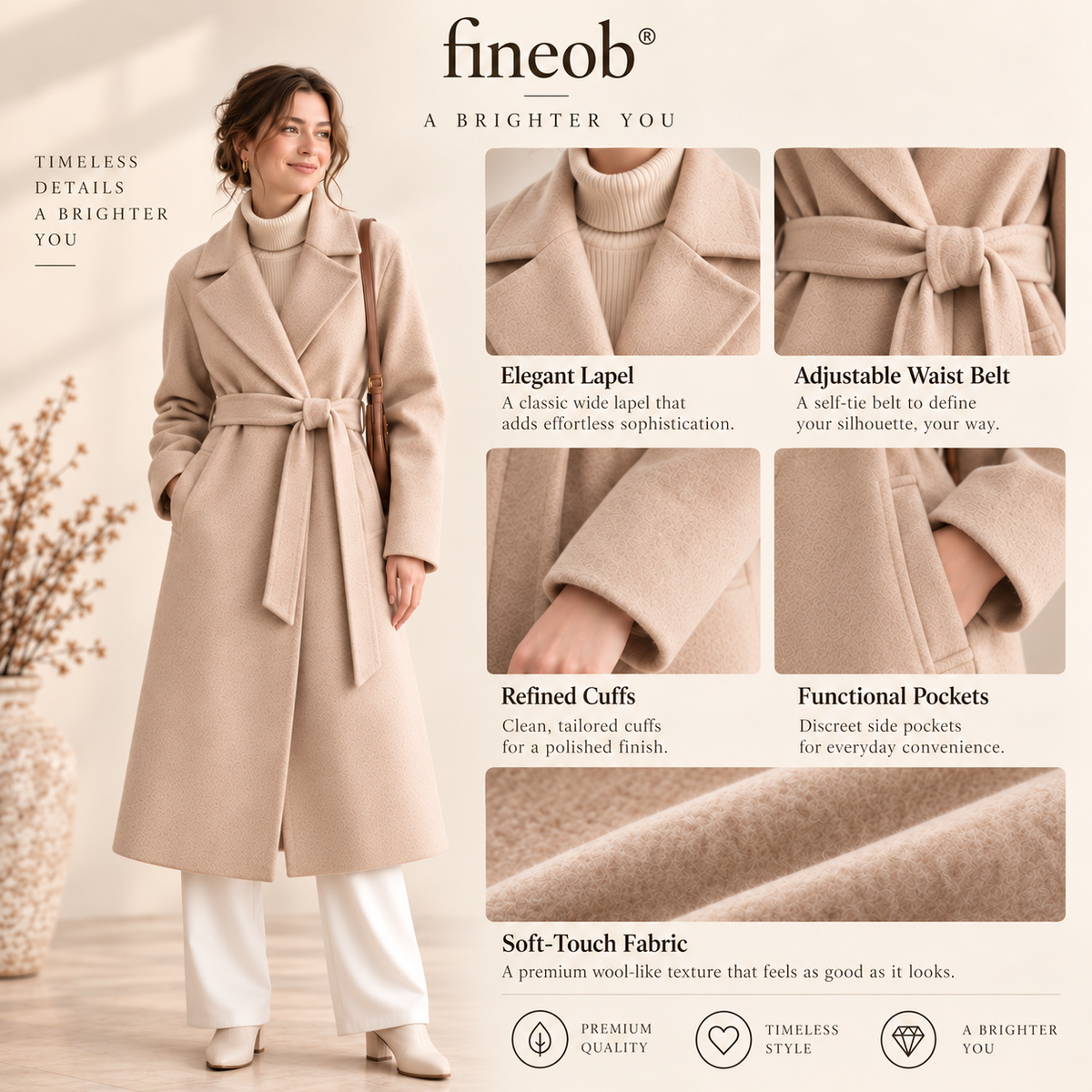 fineob® Belted Long Coat Timeless Structure. Soft Comfort. Effortless Elegance.