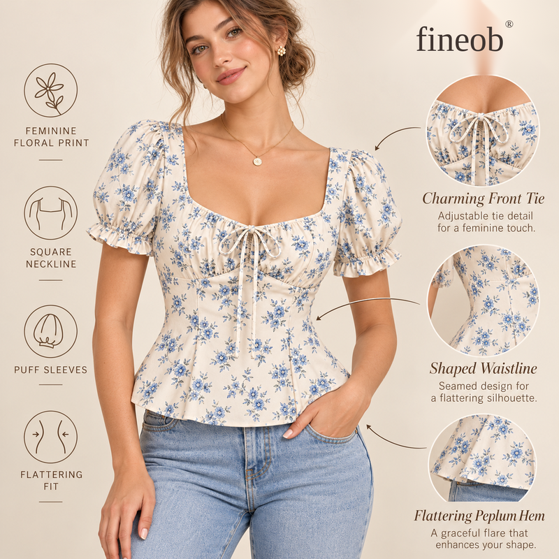 fineob® Blue Floral Tie-Front Peplum Blouse