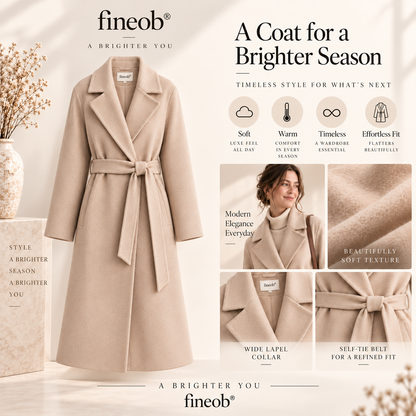 fineob® Belted Long Coat Timeless Structure. Soft Comfort. Effortless Elegance.