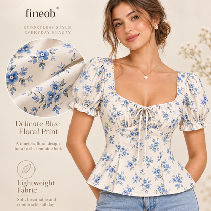 fineob® Blue Floral Tie-Front Peplum Blouse