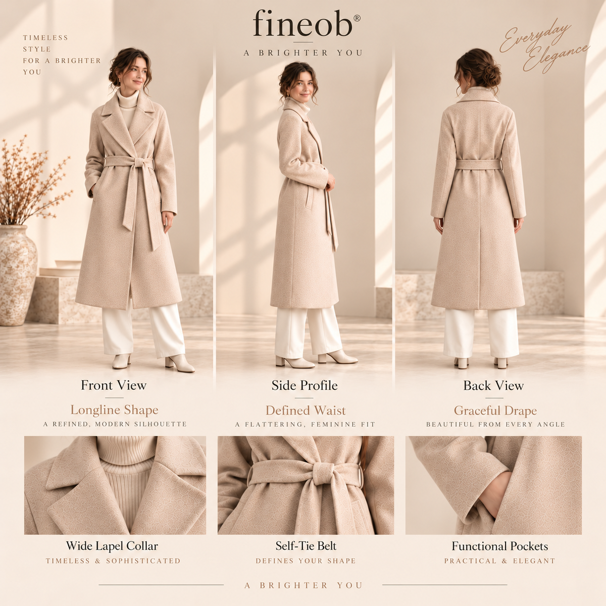 fineob® Belted Long Coat Timeless Structure. Soft Comfort. Effortless Elegance.