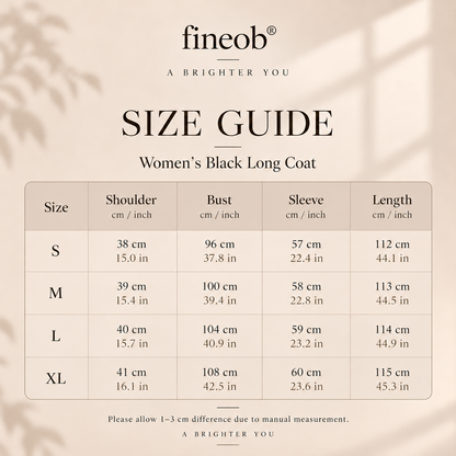 fineob®Timeless Black Long Coat Clean Lines. Refined Structure. Effortless Everyday Elegance.
