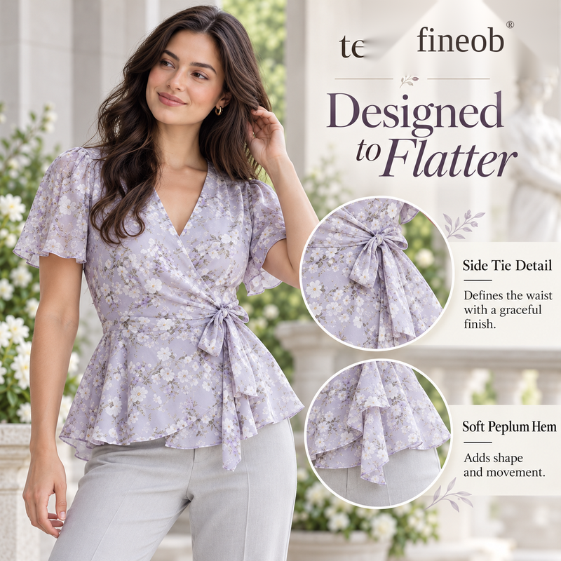 fineob® Lavender Floral Wrap Blouse