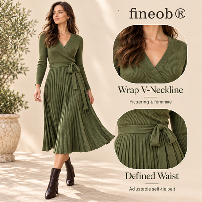 fineob® Olive Green Ribbed Wrap Pleated Midi Dress