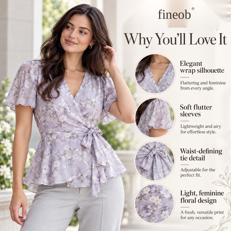 fineob® Lavender Floral Wrap Blouse