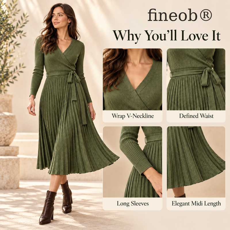 fineob® Olive Green Ribbed Wrap Pleated Midi Dress
