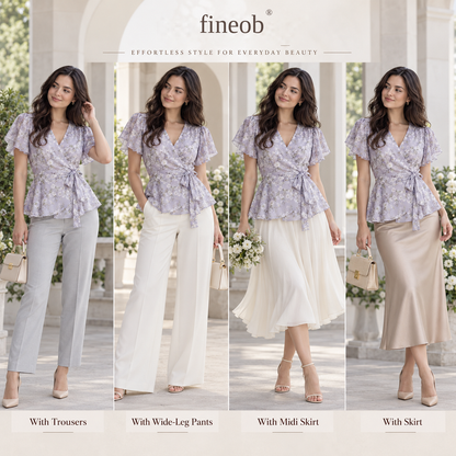 fineob® Lavender Floral Wrap Blouse