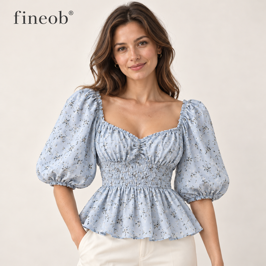 fineob® Floral Puff-Sleeve Peplum Blouse