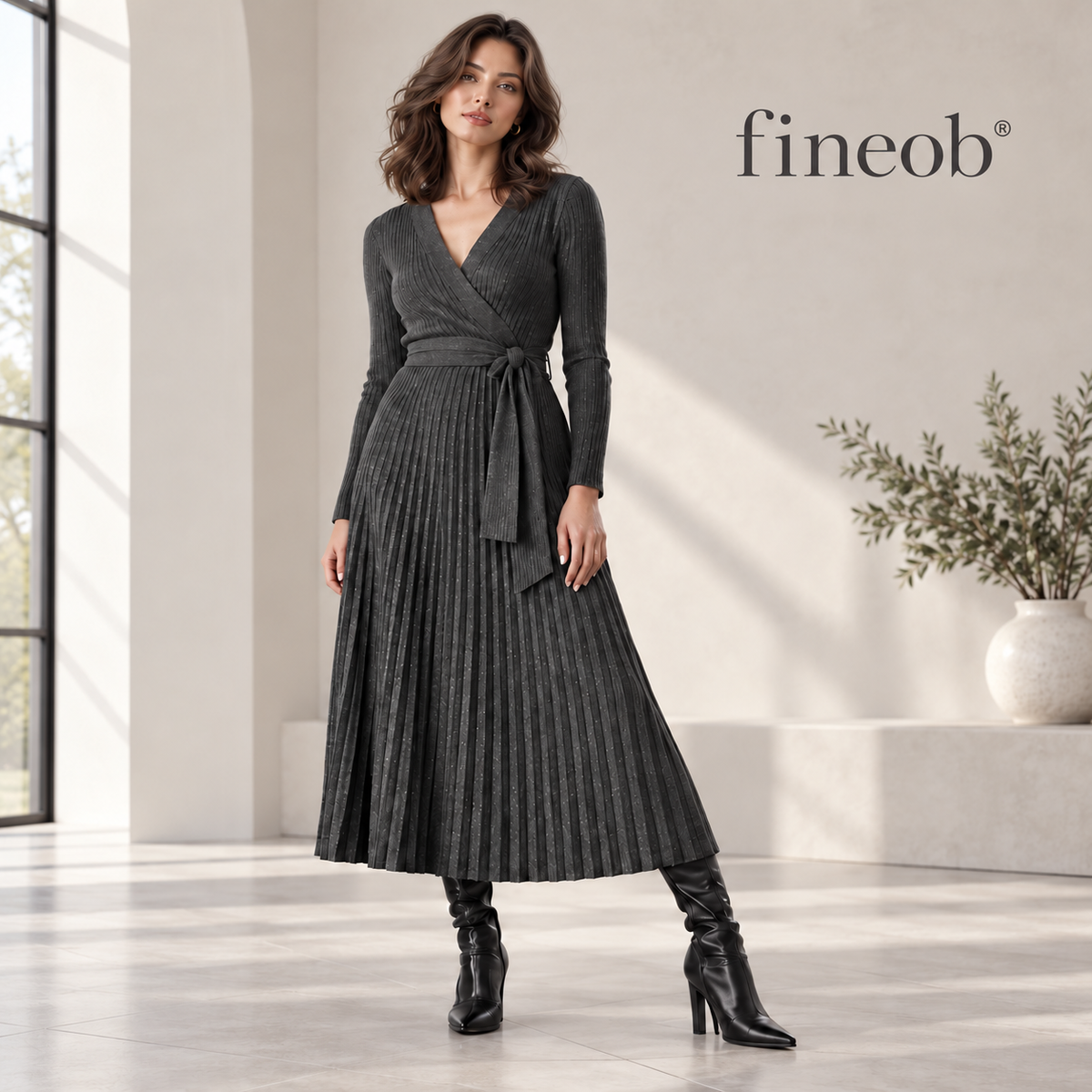 fineob®Charcoal Ribbed Wrap Pleated Midi Dress