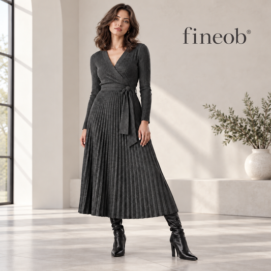 fineob®Charcoal Ribbed Wrap Pleated Midi Dress