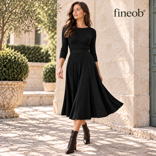 fineob®Black Ribbed Knit A-Line Midi Dress
