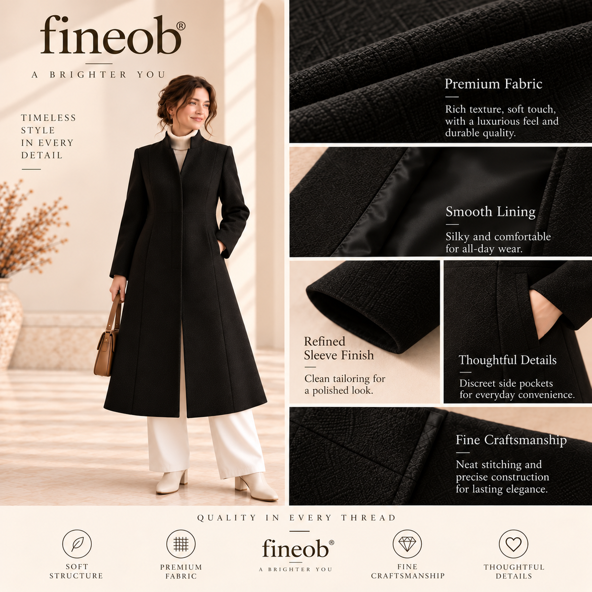 fineob® Sculpted Elegance Long Coat Clean Structure. Feminine Shape. Timeless Confidence.