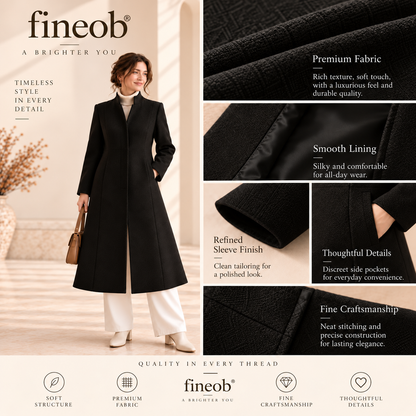 fineob® Sculpted Elegance Long Coat Clean Structure. Feminine Shape. Timeless Confidence.