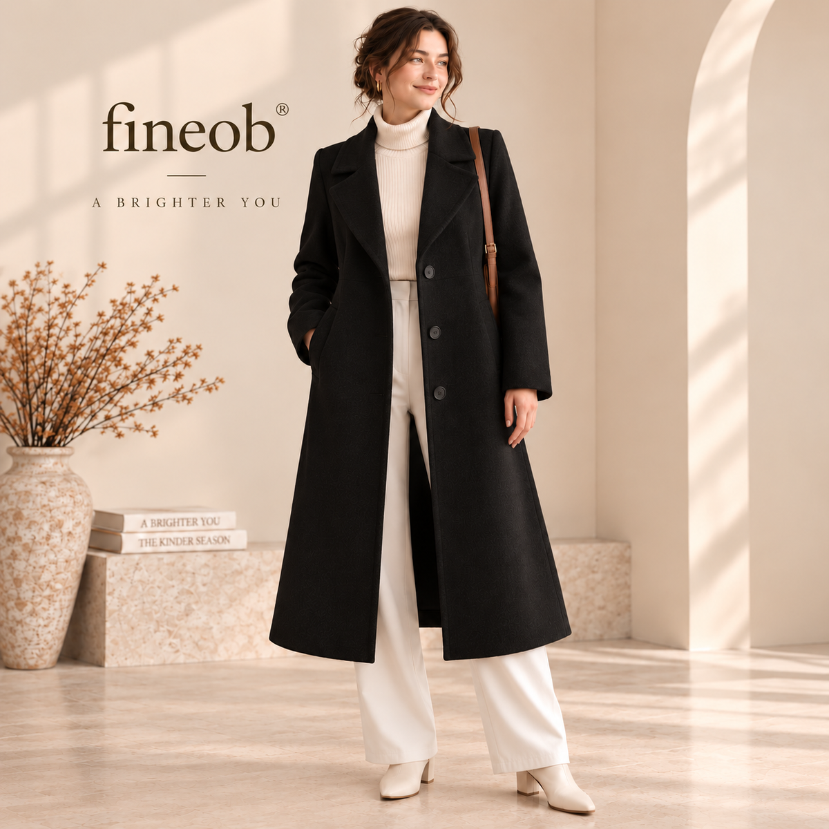 fineob®Timeless Black Long Coat Clean Lines. Refined Structure. Effortless Everyday Elegance.