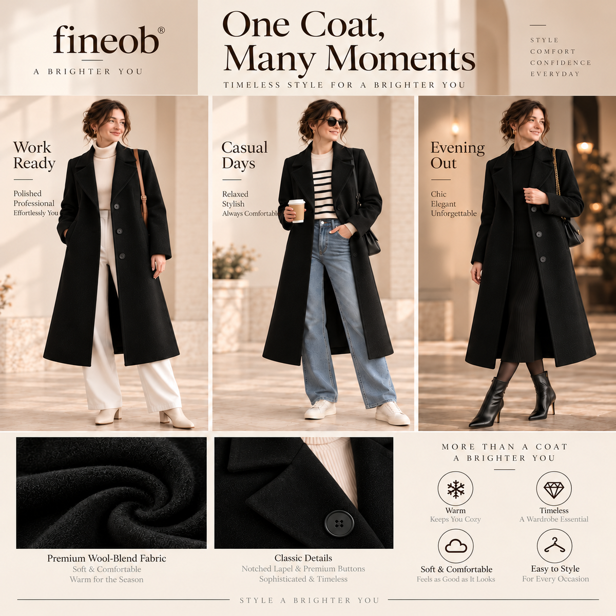 fineob®Timeless Black Long Coat Clean Lines. Refined Structure. Effortless Everyday Elegance.