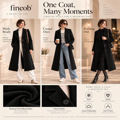 fineob®Timeless Black Long Coat Clean Lines. Refined Structure. Effortless Everyday Elegance.