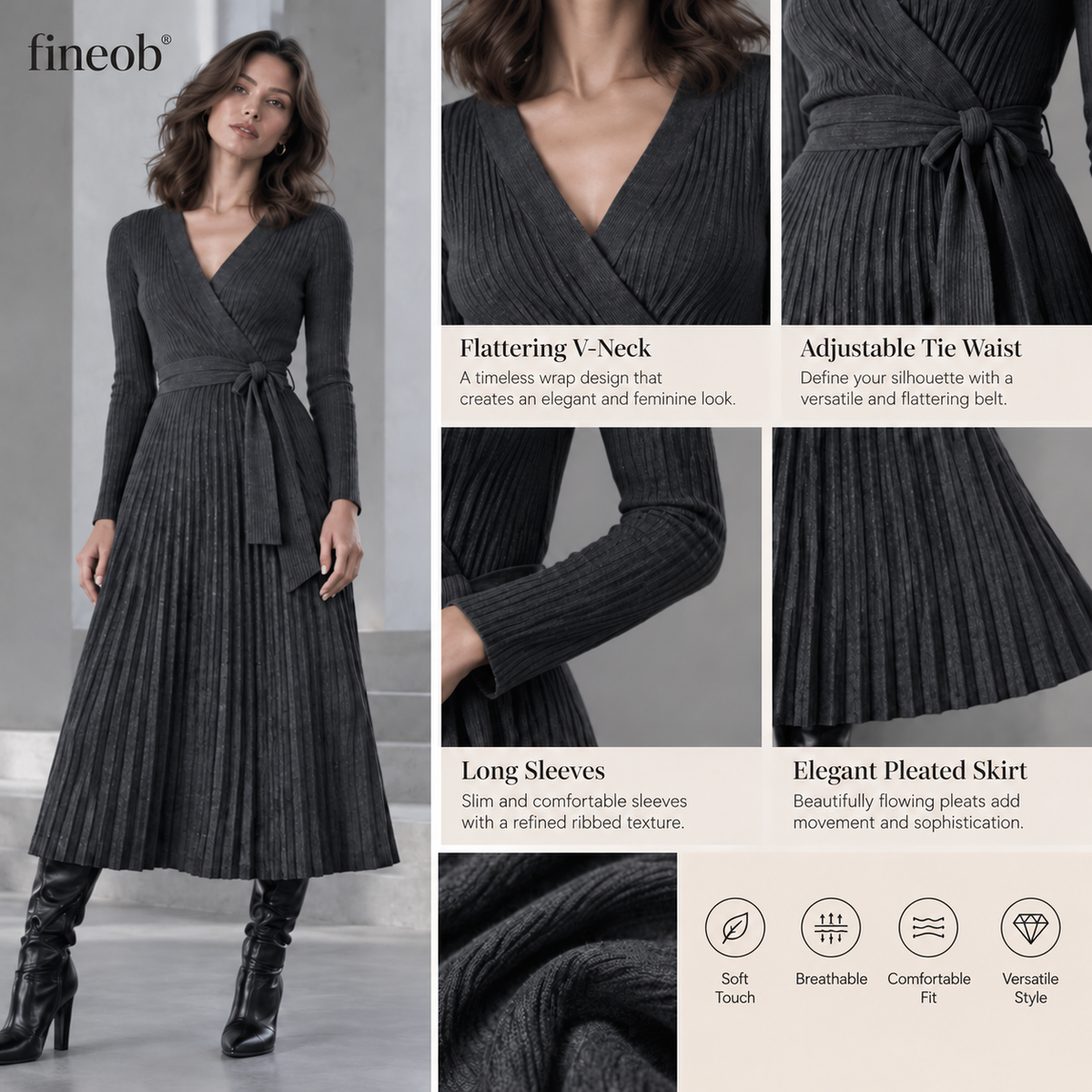 fineob®Charcoal Ribbed Wrap Pleated Midi Dress