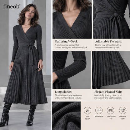 fineob®Charcoal Ribbed Wrap Pleated Midi Dress