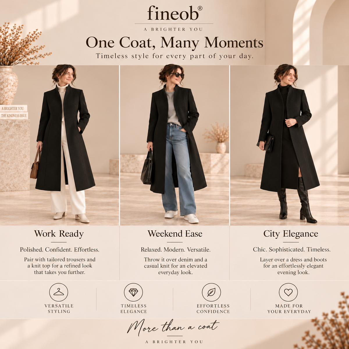 fineob® Sculpted Elegance Long Coat Clean Structure. Feminine Shape. Timeless Confidence.
