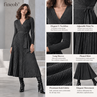 fineob®Charcoal Ribbed Wrap Pleated Midi Dress