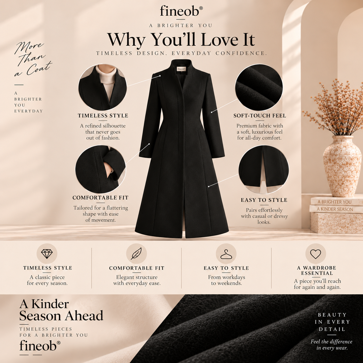 fineob® Sculpted Elegance Long Coat Clean Structure. Feminine Shape. Timeless Confidence.